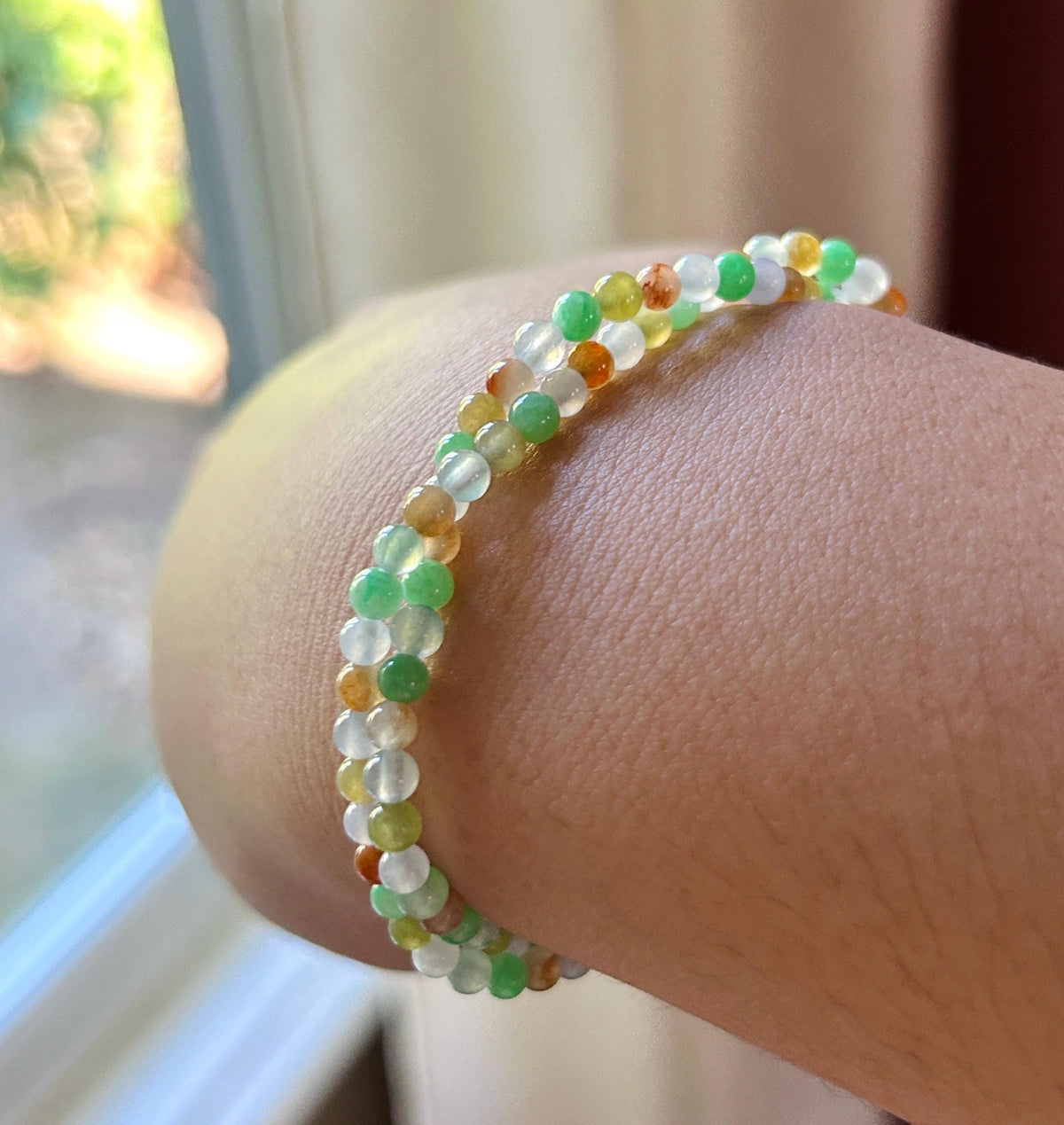 Natural Jadeite Twisted Bracelet, Burmese Type A Icy Rainbow Multicolor Jade, 3.4mm Mini Beads, Double Strand