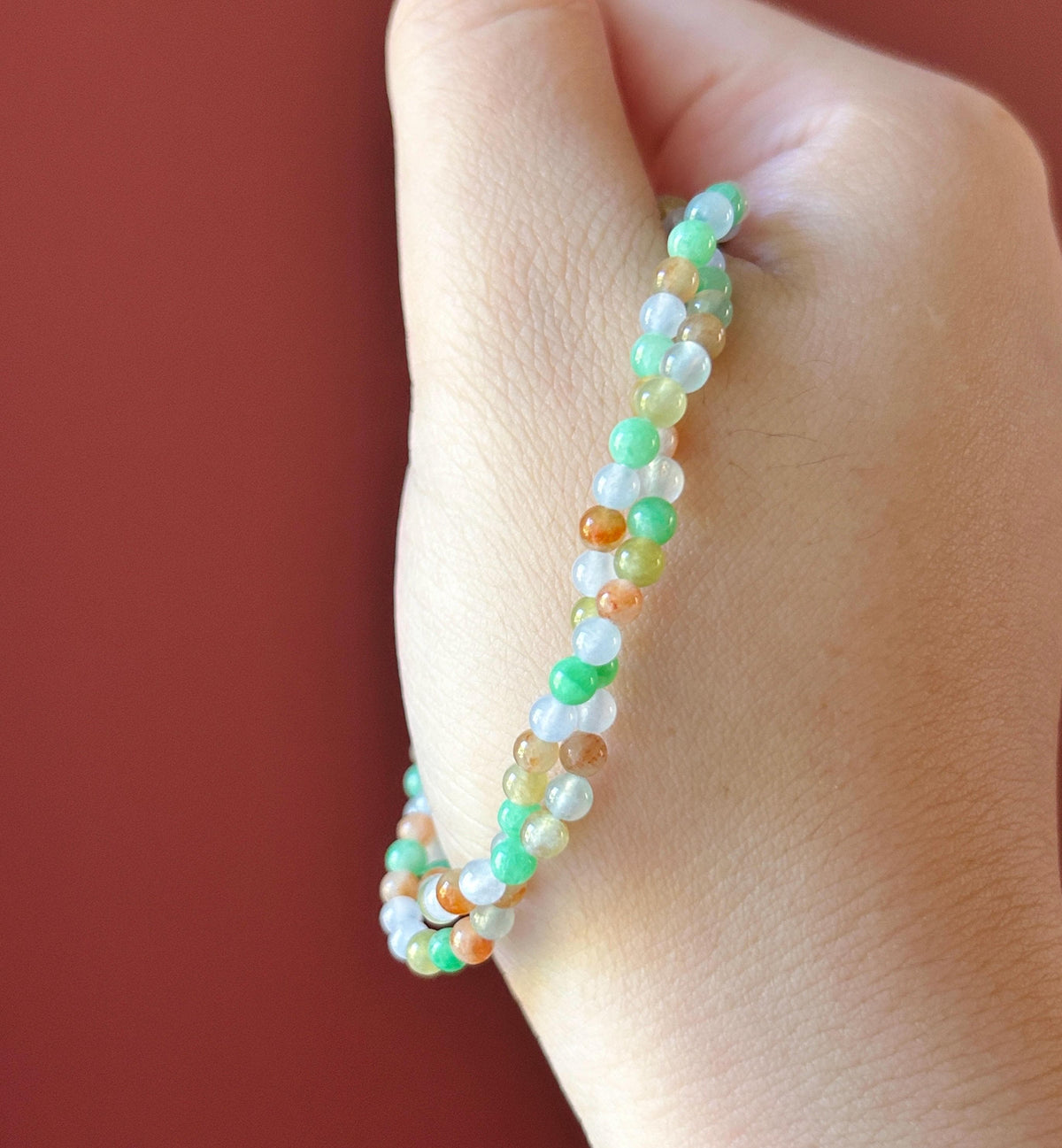 Natural Jadeite Twisted Bracelet, Burmese Type A Icy Rainbow Multicolor Jade, 3.4mm Mini Beads, Double Strand