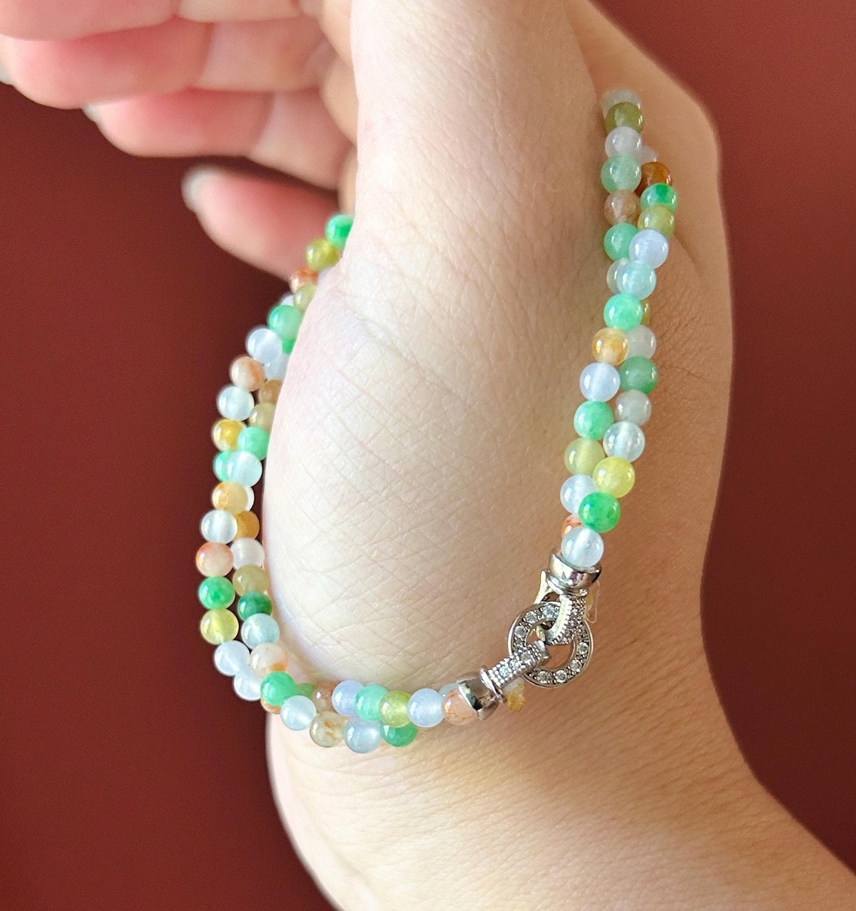 Natural Jadeite Twisted Bracelet, Burmese Type A Icy Rainbow Multicolor Jade, 3.4mm Mini Beads, Double Strand