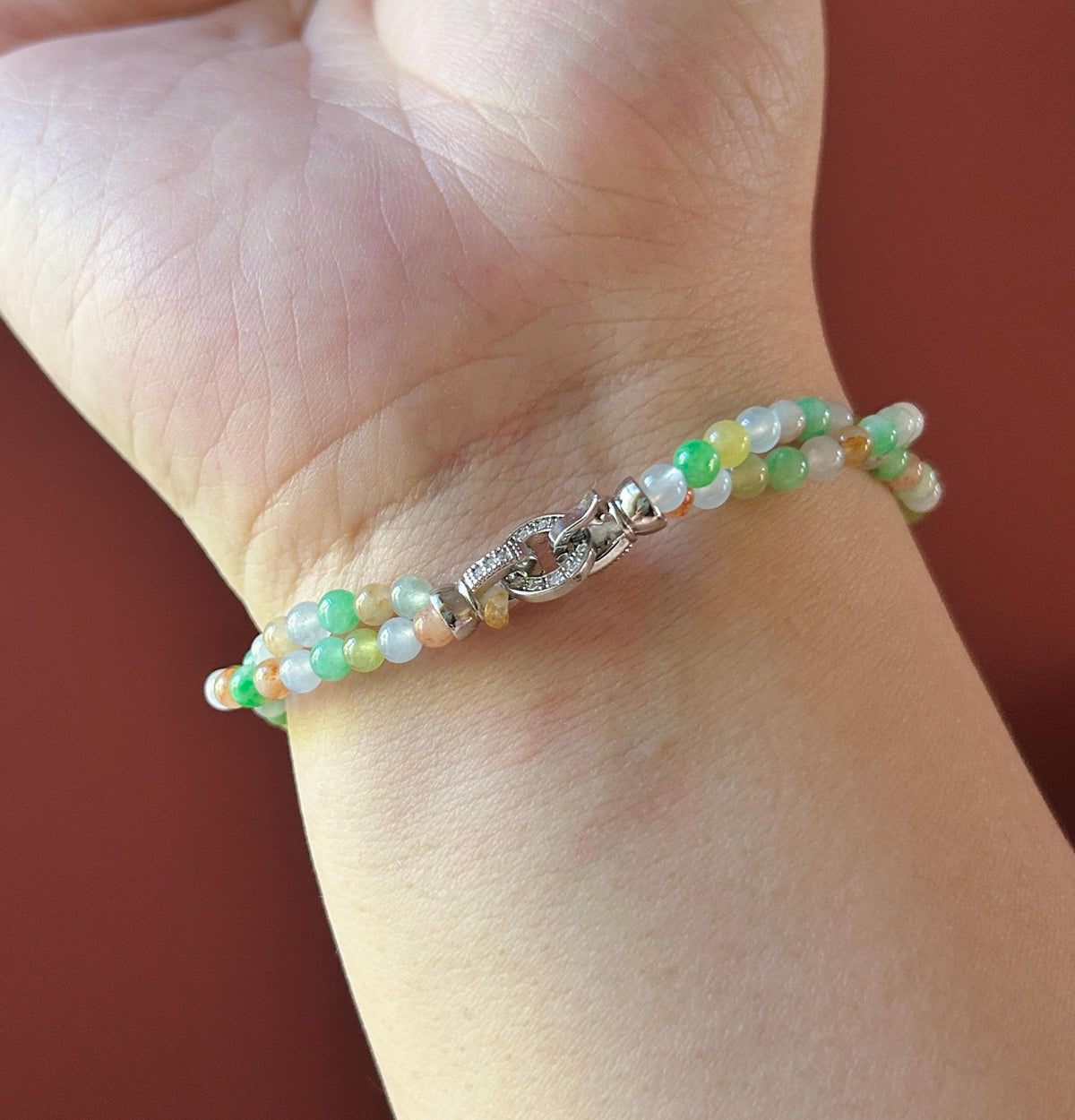 Natural Jadeite Twisted Bracelet, Burmese Type A Icy Rainbow Multicolor Jade, 3.4mm Mini Beads, Double Strand