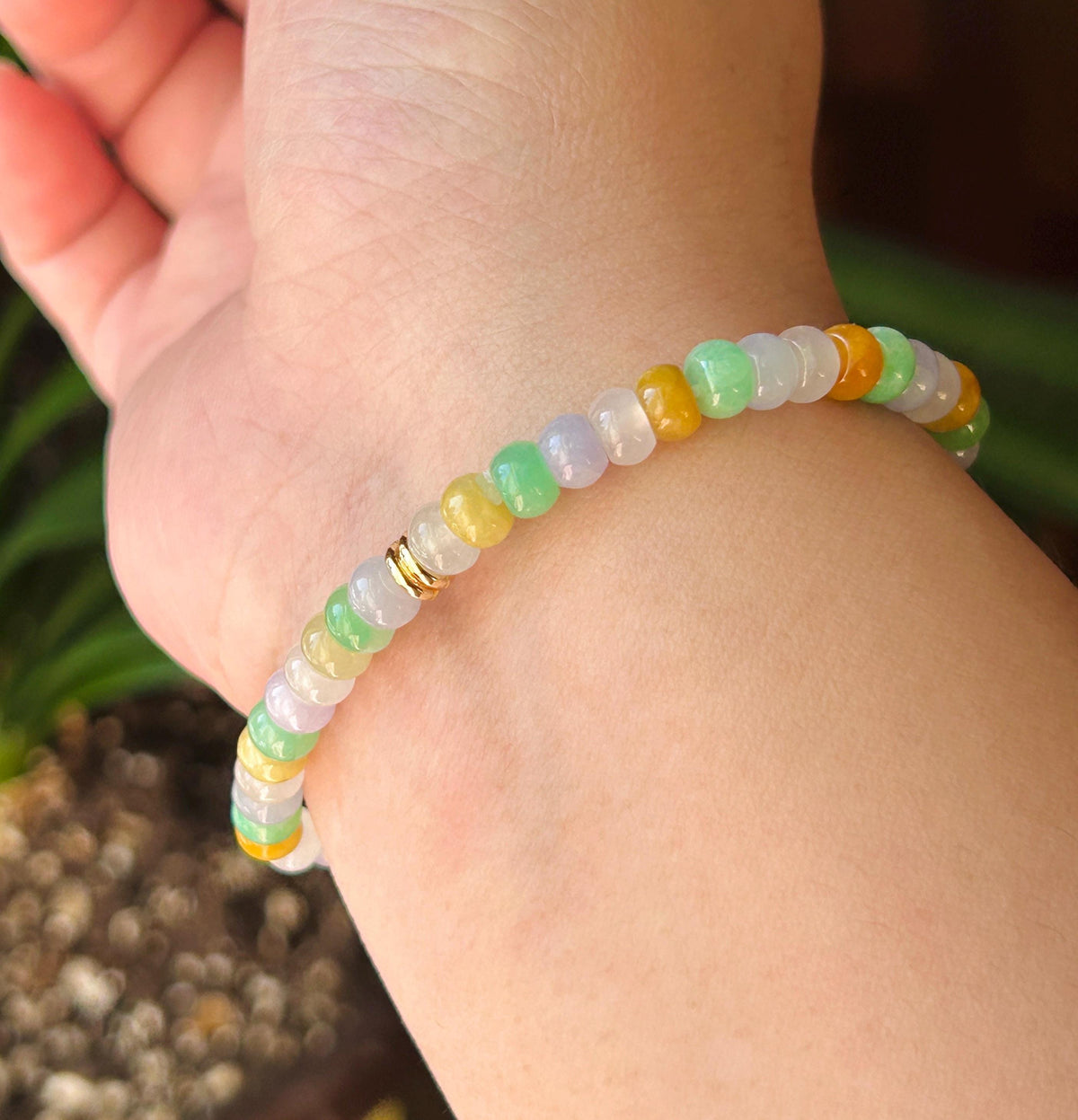 Natural Jadeite Beaded Bracelet, Burmese Type A Translucent Icy Rainbow Multicolor Jade, 5.7mm Abacus Beads