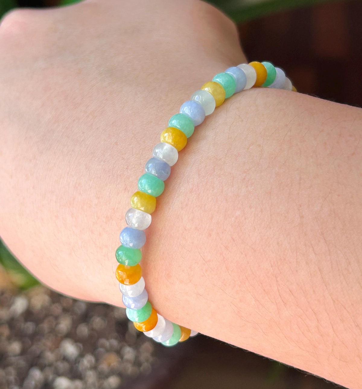 Natural Jadeite Beaded Bracelet, Burmese Type A Translucent Icy Rainbow Multicolor Jade, 5.7mm Abacus Beads