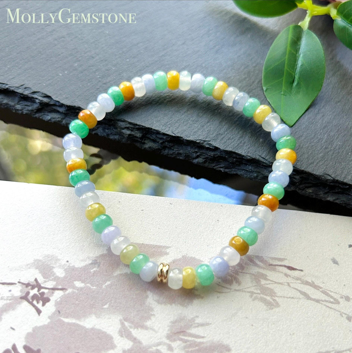 Natural Jadeite Beaded Bracelet, Burmese Type A Translucent Icy Rainbow Multicolor Jade, 5.7mm Abacus Beads