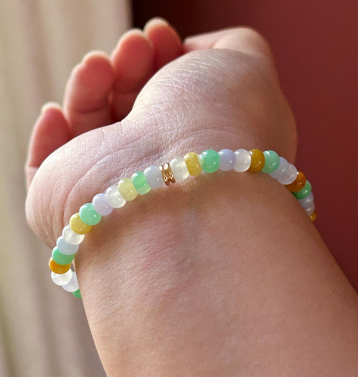 Natural Jadeite Beaded Bracelet, Burmese Type A Translucent Icy Rainbow Multicolor Jade, 5.7mm Abacus Beads