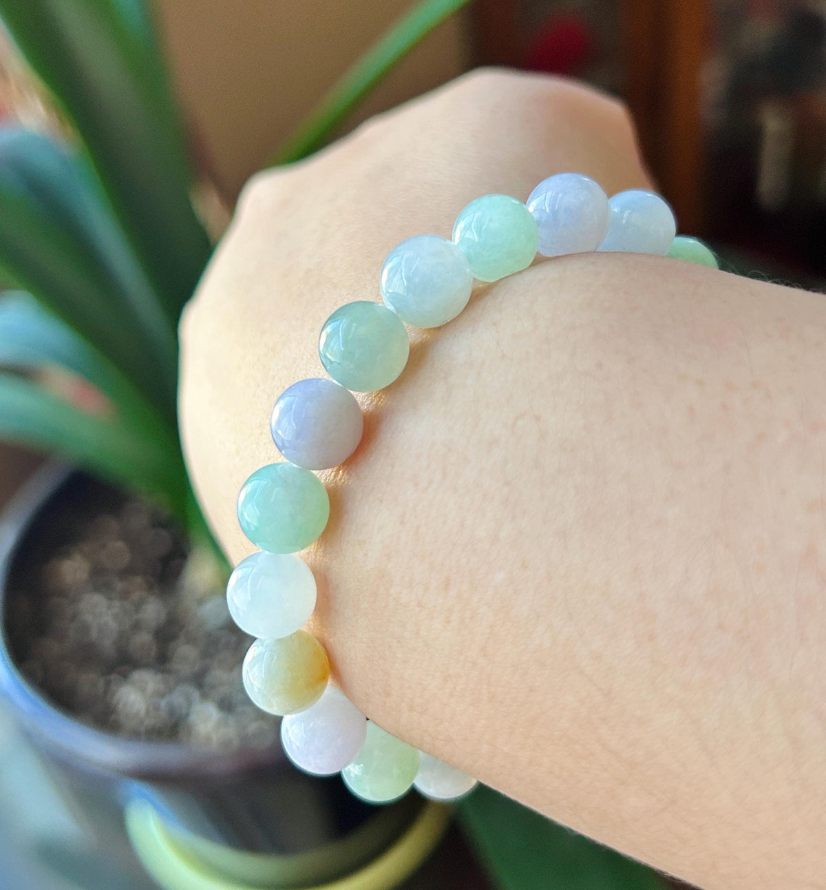 Natural Jadeite Beaded Bracelet, Burmese Type A Translucent Icy Glutinous Pastel Macaron Multicolor Jade, 9mm