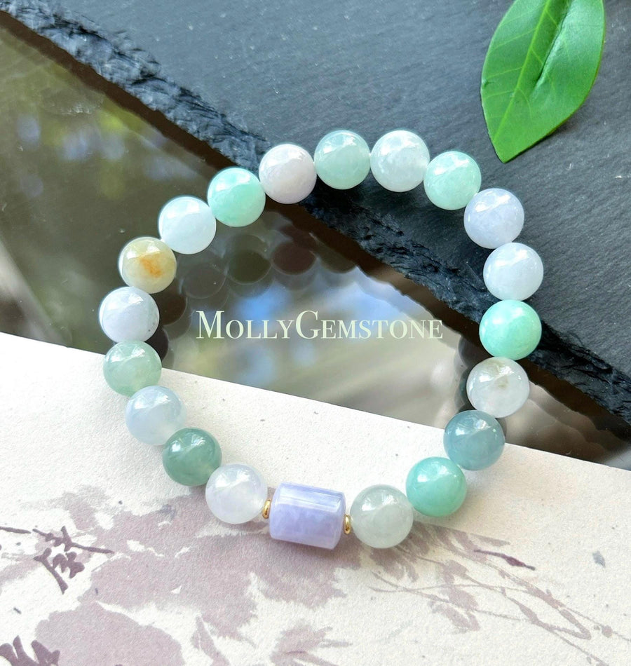 Natural Jadeite Beaded Bracelet, Burmese Type A Translucent Icy Glutinous Pastel Macaron Multicolor Jade, 9mm