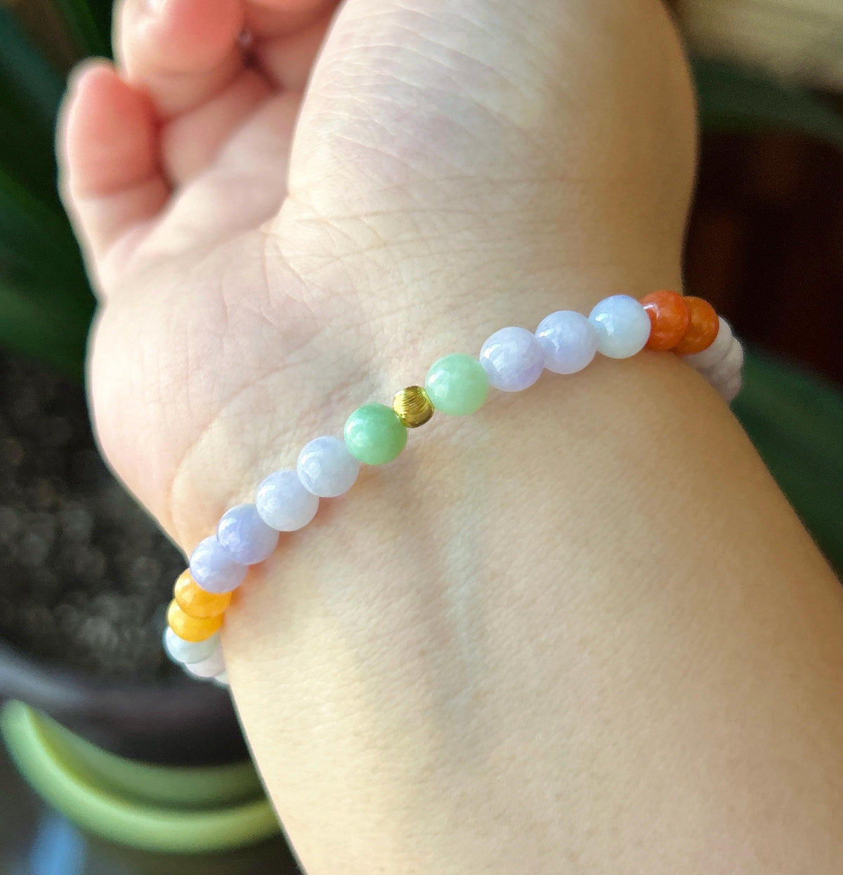 Natural Jadeite Beaded Bracelet, Burmese Type A Glutinous Lavender & Candy Multicolor Jade, 5.6mm