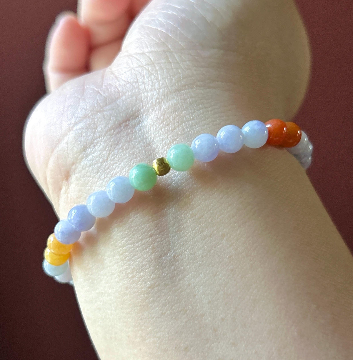 Natural Jadeite Beaded Bracelet, Burmese Type A Glutinous Lavender & Candy Multicolor Jade, 5.6mm
