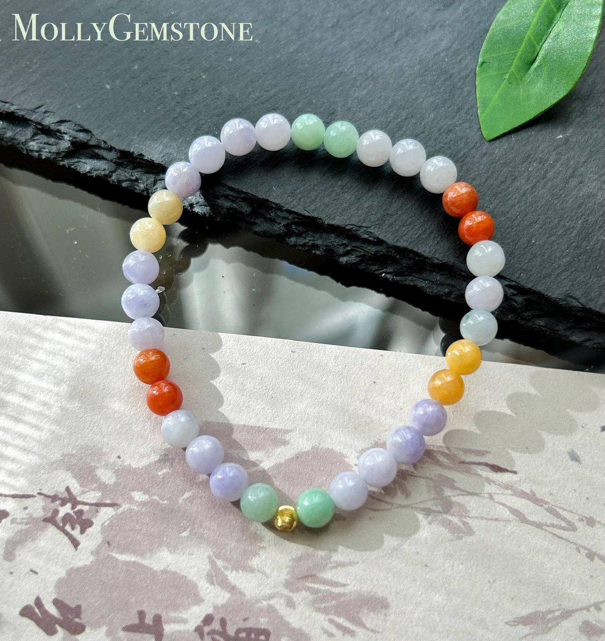 Natural Jadeite Beaded Bracelet, Burmese Type A Glutinous Lavender & Candy Multicolor Jade, 5.6mm