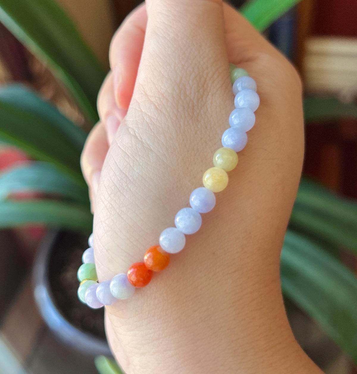 Natural Jadeite Beaded Bracelet, Burmese Type A Glutinous Lavender & Candy Multicolor Jade, 5.6mm