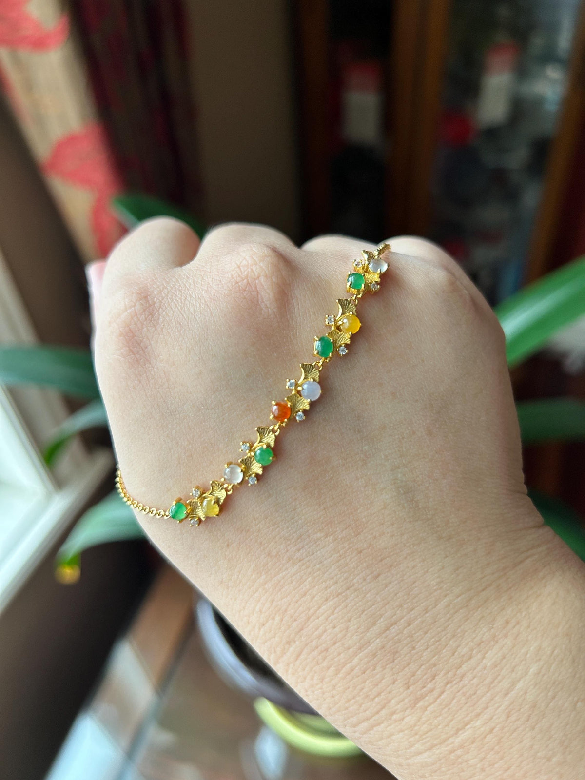 Natural Jadeite Cabochon Ginkgo Leaves Bracelet, Burmese Type A Translucent Icy Multicolor Jade in 925 Sterling Silver, Adjustable Length