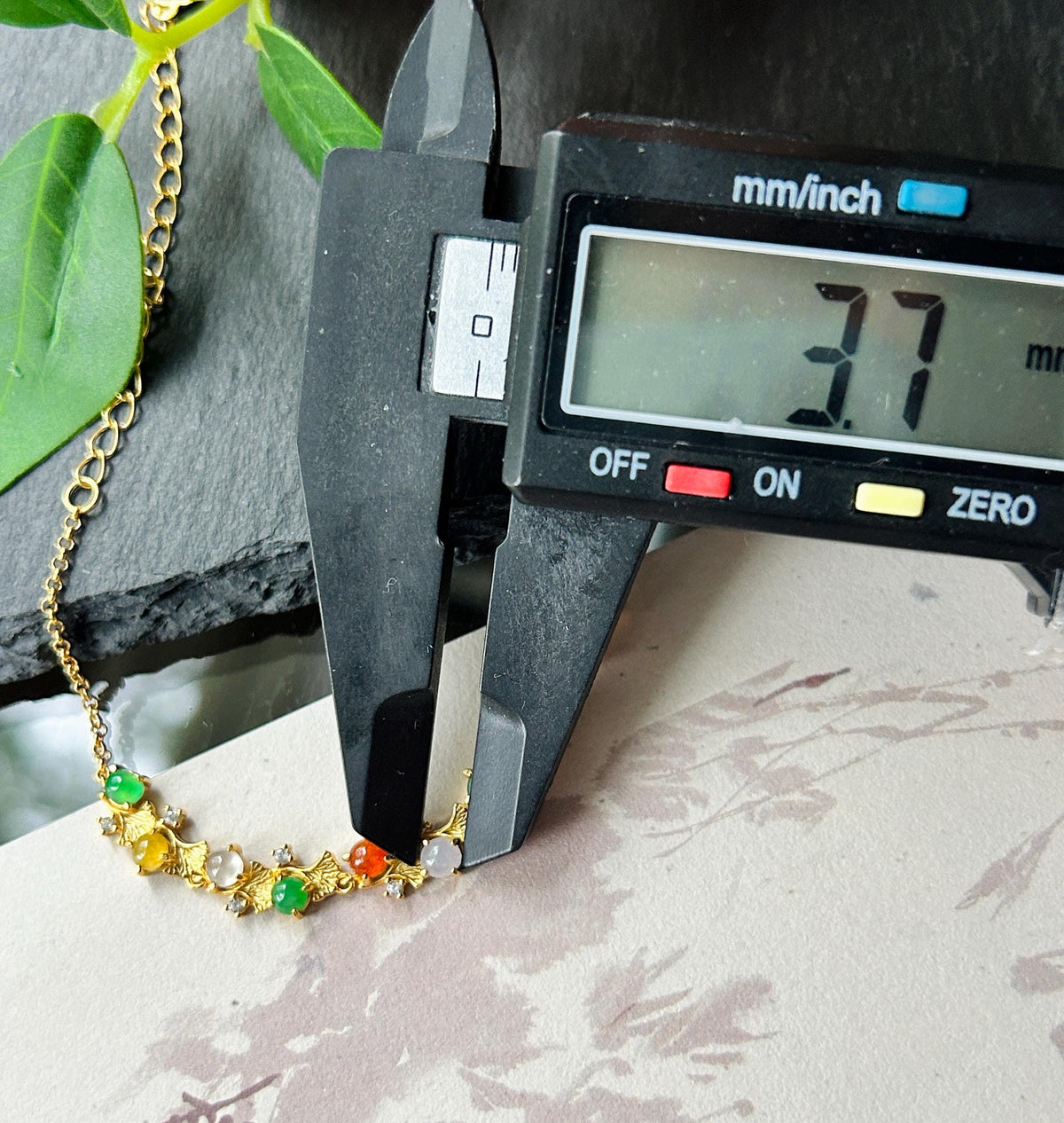 Natural Jadeite Cabochon Ginkgo Leaves Bracelet, Burmese Type A Translucent Icy Multicolor Jade in 925 Sterling Silver, Adjustable Length