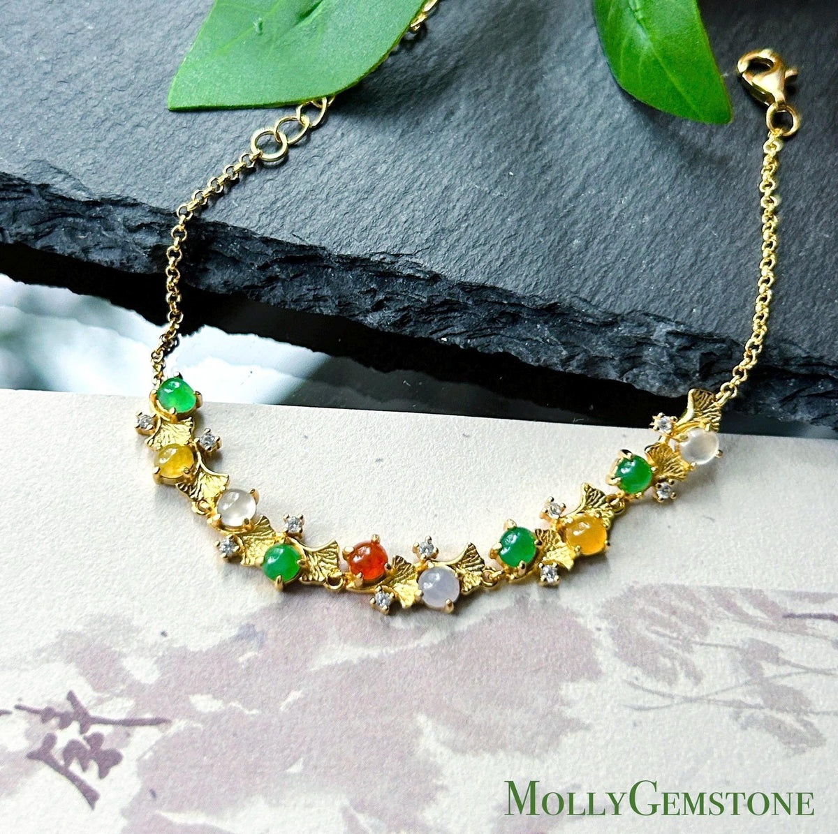 Natural Jadeite Cabochon Ginkgo Leaves Bracelet, Burmese Type A Translucent Icy Multicolor Jade in 925 Sterling Silver, Adjustable Length