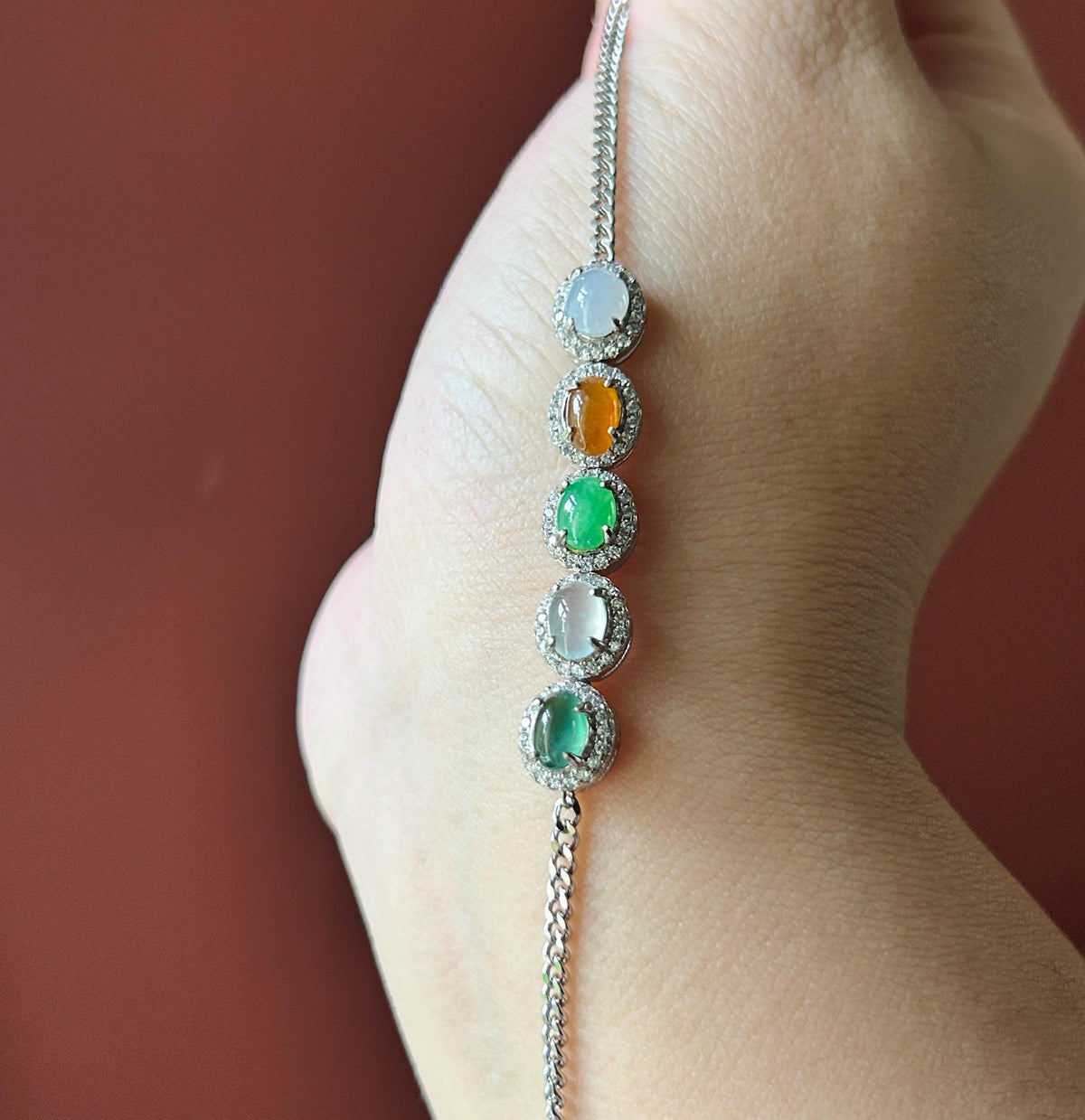 Natural Jadeite Cabochon Bracelet, Burmese Type A Highly Translucent Icy Multicolor Jade in 925 Sterling Silver, Adjustable Length