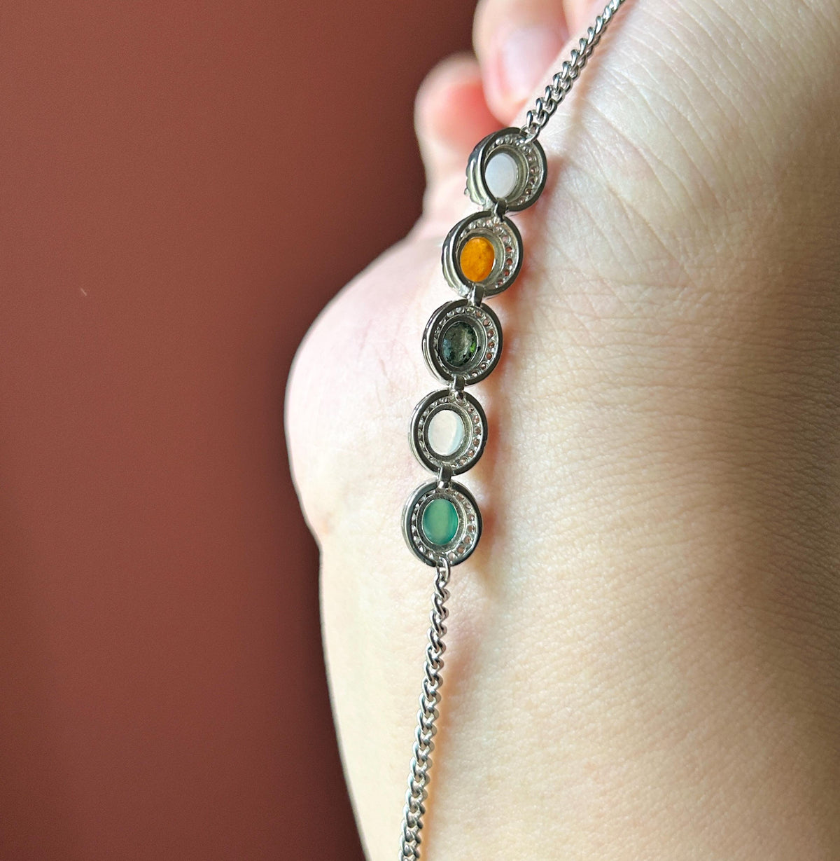 Natural Jadeite Cabochon Bracelet, Burmese Type A Highly Translucent Icy Multicolor Jade in 925 Sterling Silver, Adjustable Length