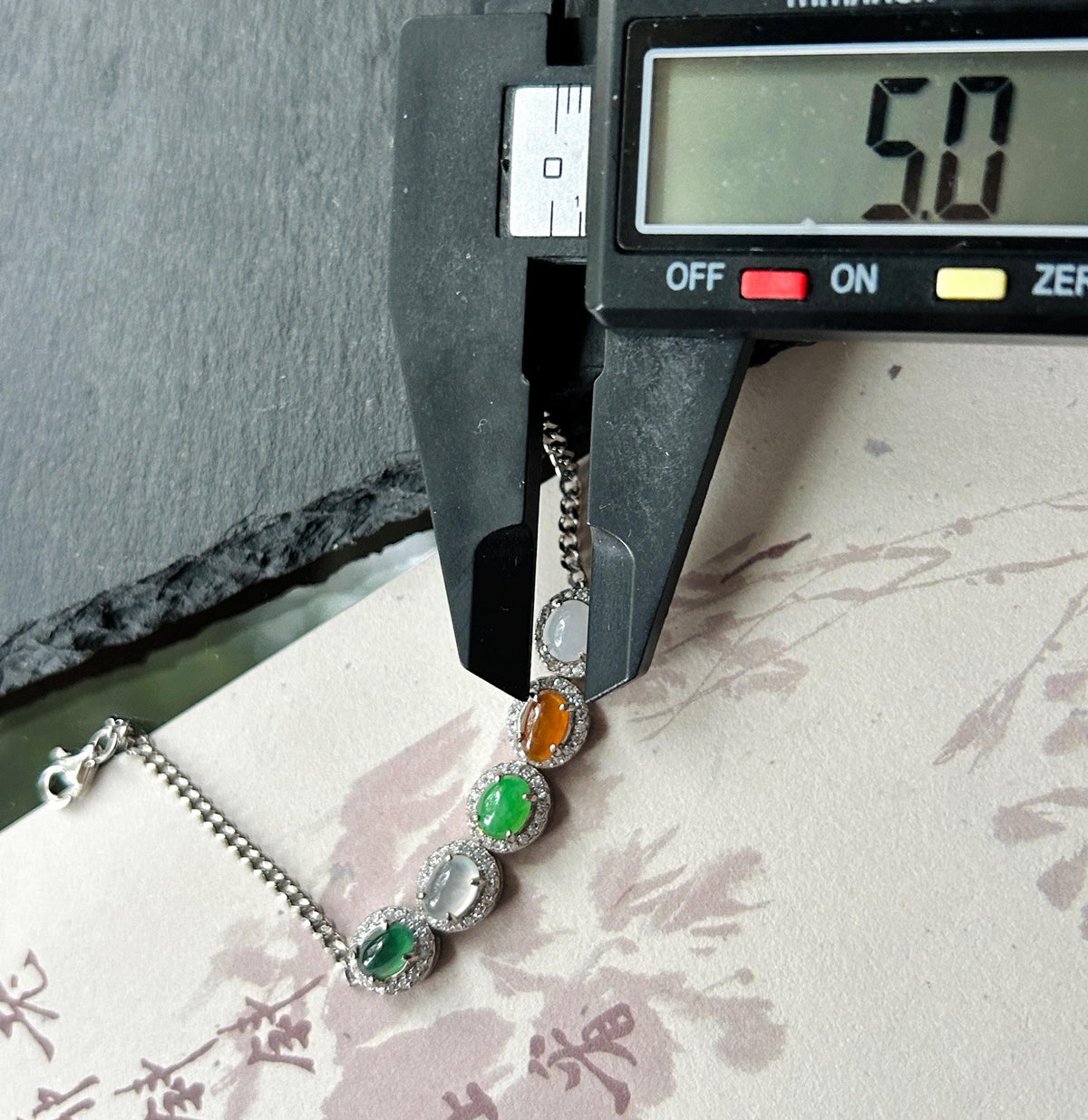 Natural Jadeite Cabochon Bracelet, Burmese Type A Highly Translucent Icy Multicolor Jade in 925 Sterling Silver, Adjustable Length