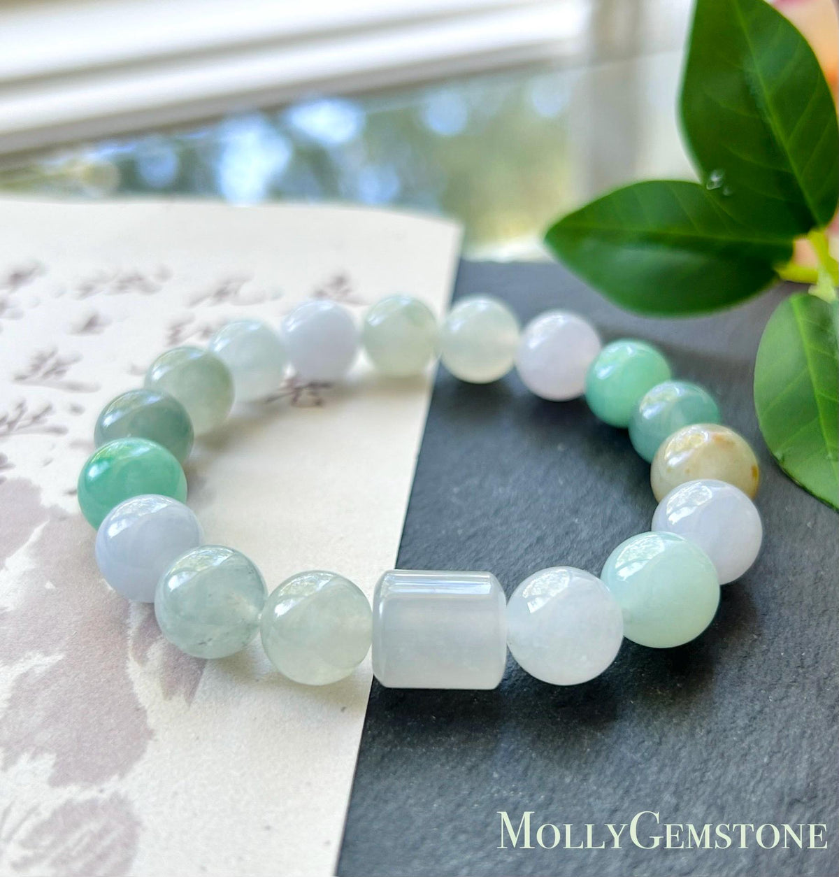 Natural Jadeite Beaded Bracelet, High-End Burmese Type A Highly Translucent Icy Pastel Multicolor Jade, 10.2–10.9mm Duobao Bracelet