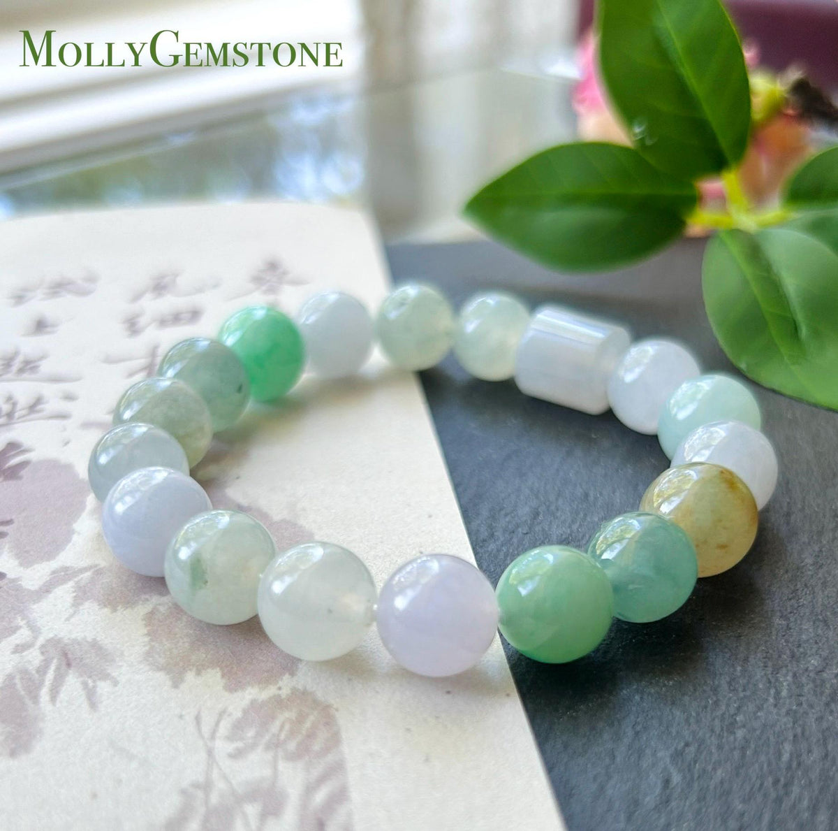 Natural Jadeite Beaded Bracelet, High-End Burmese Type A Highly Translucent Icy Pastel Multicolor Jade, 10.2–10.9mm Duobao Bracelet