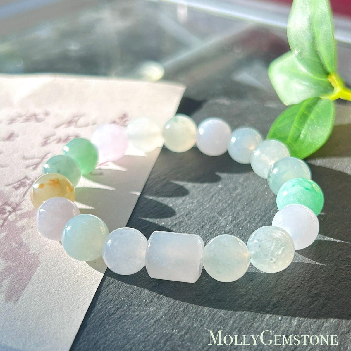 Natural Jadeite Beaded Bracelet, High-End Burmese Type A Highly Translucent Icy Pastel Multicolor Jade, 10.2–10.9mm Duobao Bracelet