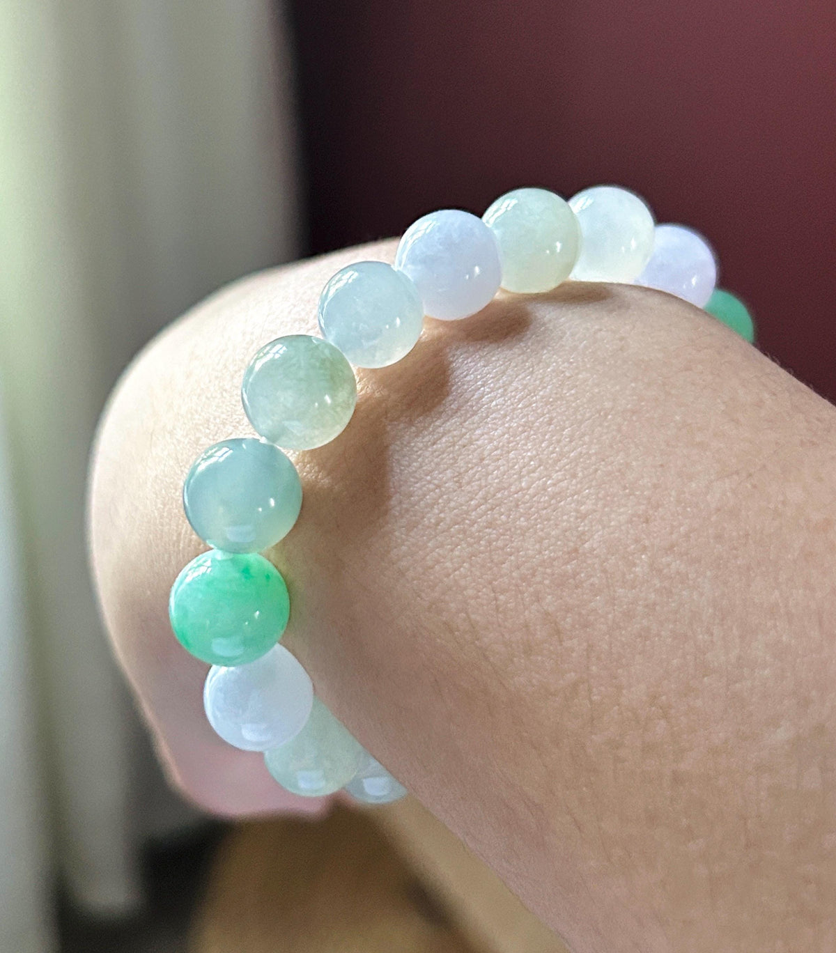 Natural Jadeite Beaded Bracelet, High-End Burmese Type A Highly Translucent Icy Pastel Multicolor Jade, 10.2–10.9mm Duobao Bracelet