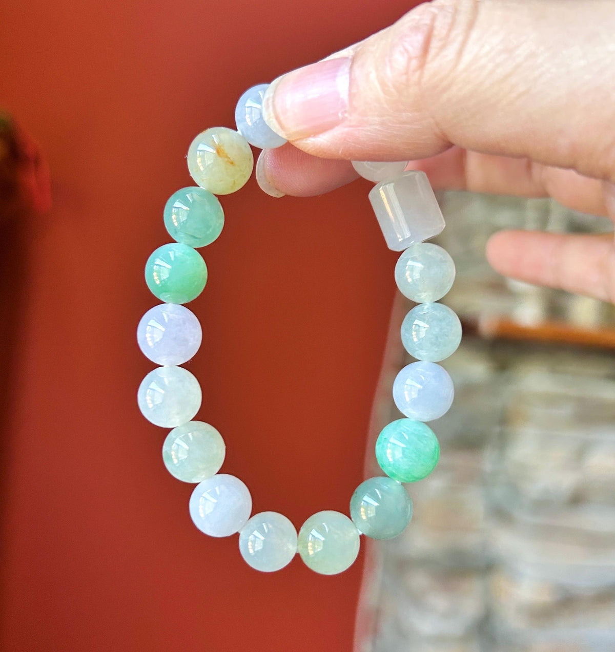 Natural Jadeite Beaded Bracelet, High-End Burmese Type A Highly Translucent Icy Pastel Multicolor Jade, 10.2–10.9mm Duobao Bracelet
