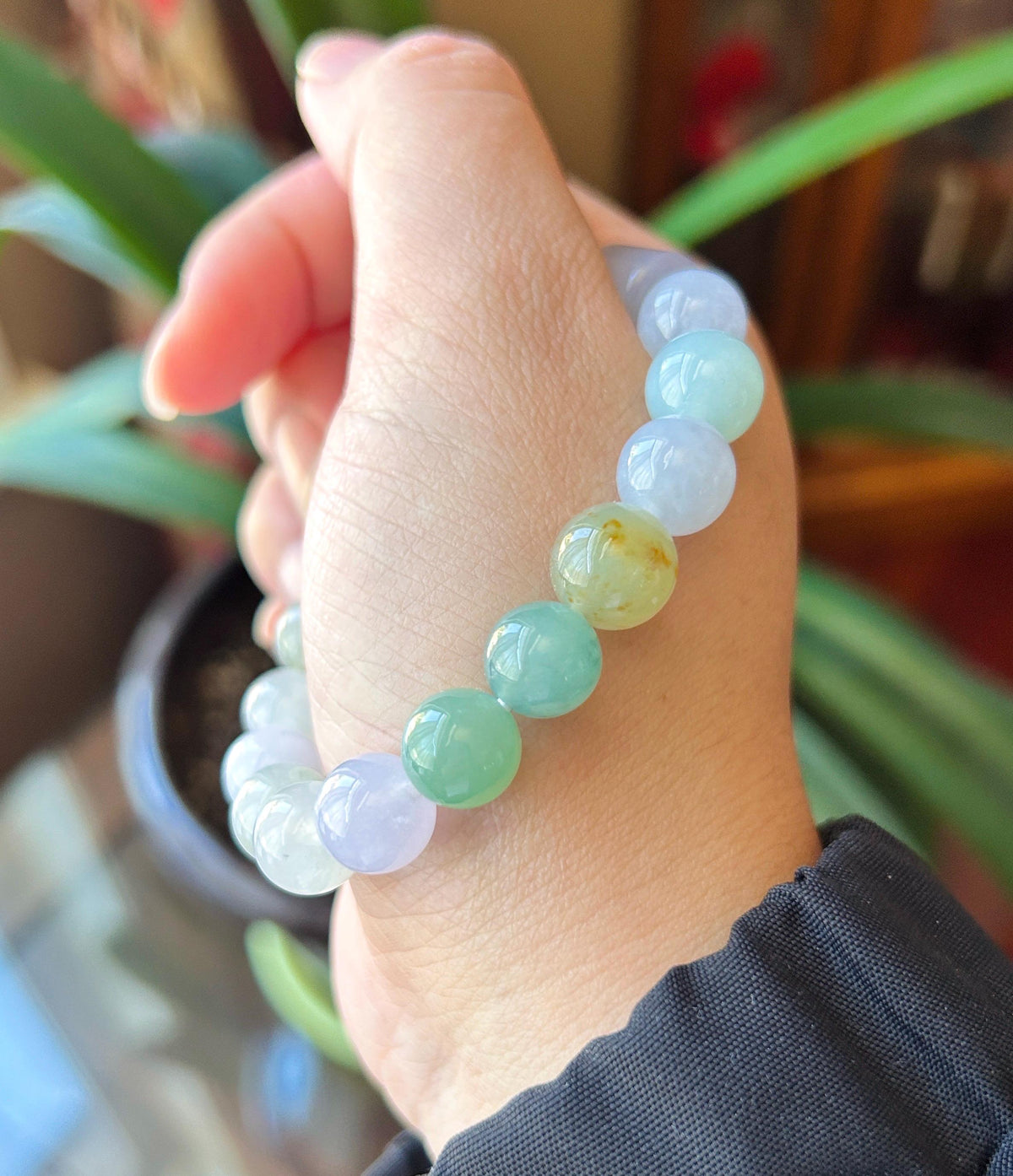Natural Jadeite Beaded Bracelet, High-End Burmese Type A Highly Translucent Icy Pastel Multicolor Jade, 10.2–10.9mm Duobao Bracelet