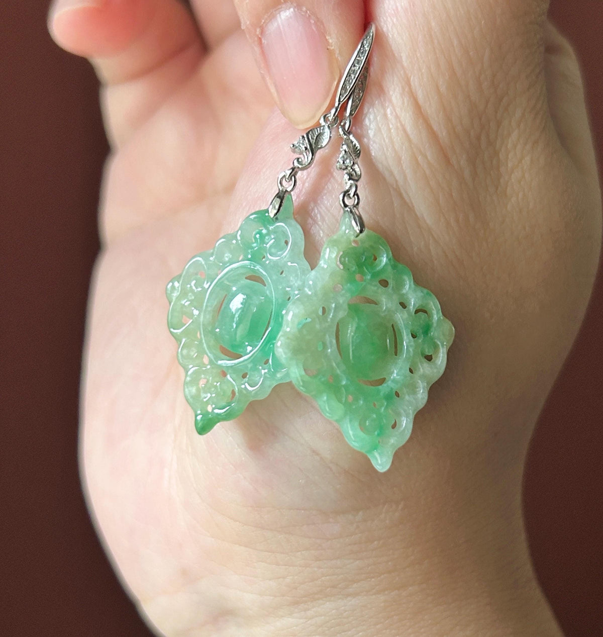 Certified Natural Jadeite Earrings, Burmese Type A Icy Apple Green Jade, Double-Sided Carved, Sterling Silver