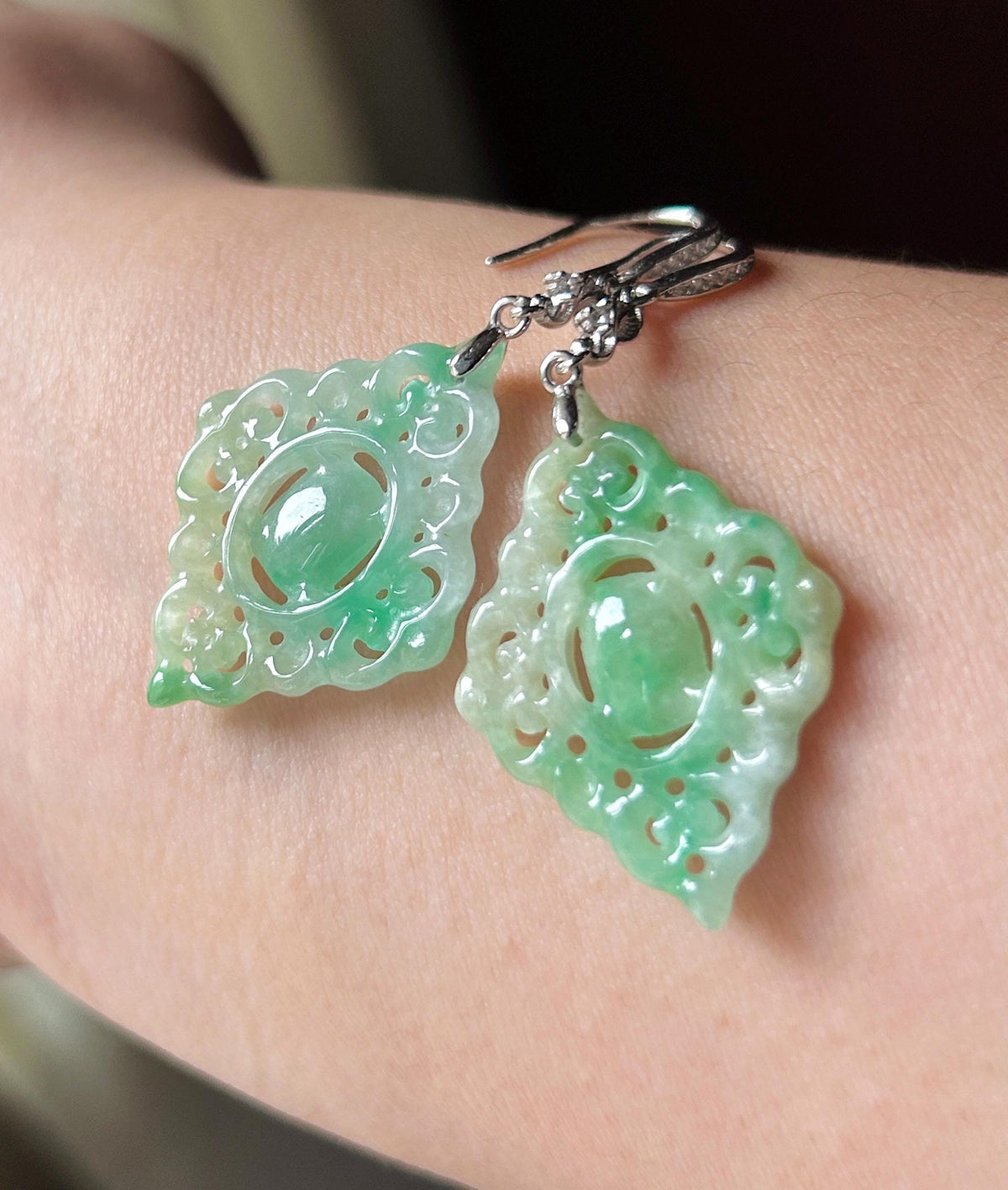 Certified Natural Jadeite Earrings, Burmese Type A Icy Apple Green Jade, Double-Sided Carved, Sterling Silver