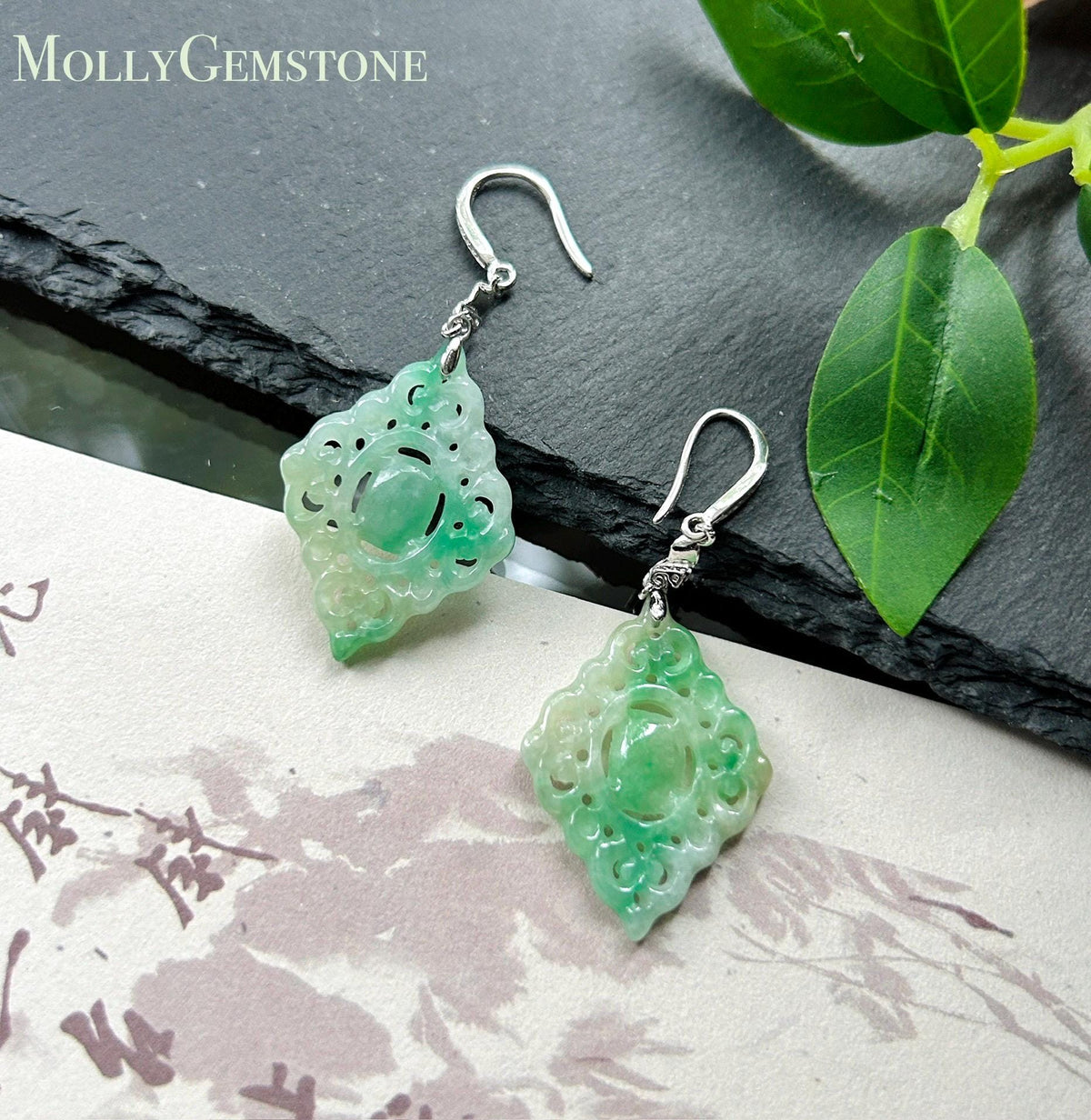 Certified Natural Jadeite Earrings, Burmese Type A Icy Apple Green Jade, Double-Sided Carved, Sterling Silver