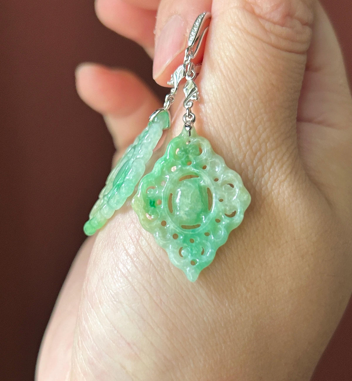 Certified Natural Jadeite Earrings, Burmese Type A Icy Apple Green Jade, Double-Sided Carved, Sterling Silver