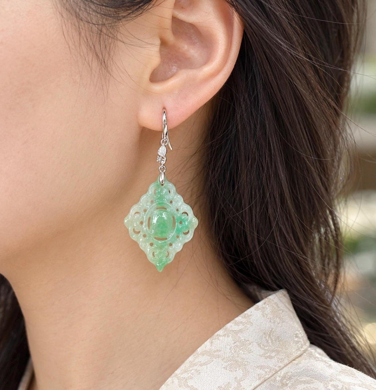 Certified Natural Jadeite Earrings, Burmese Type A Icy Apple Green Jade, Double-Sided Carved, Sterling Silver