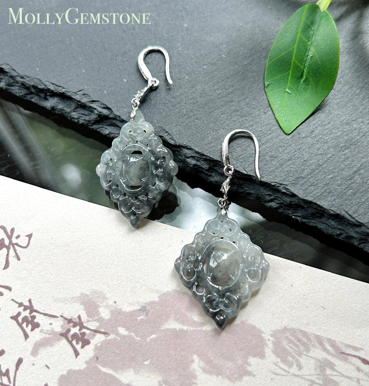Certified Natural Jadeite Earrings, Burmese Type A Icy Apple Green Jade, Double-Sided Carved, Sterling Silver