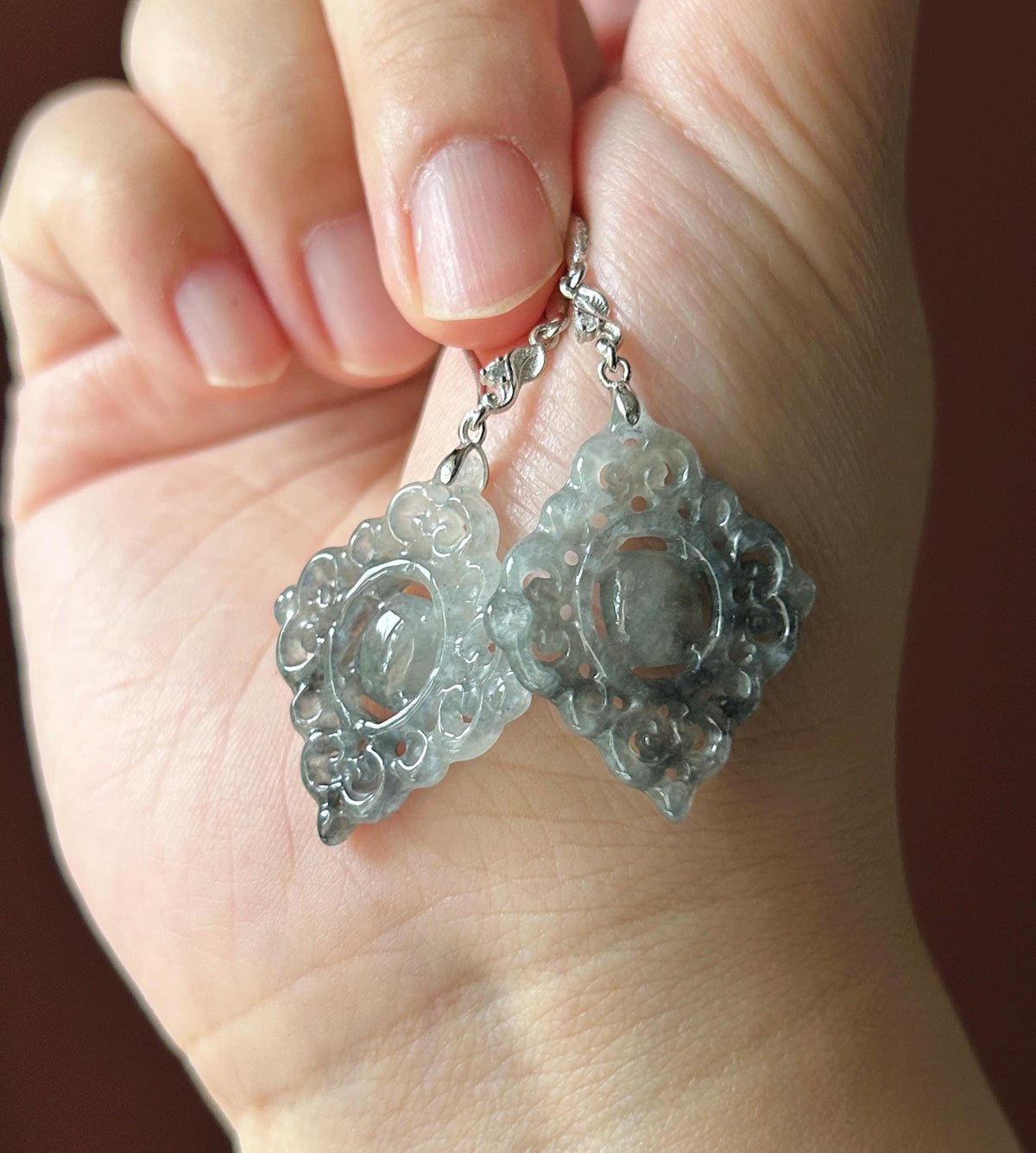 Certified Natural Jadeite Earrings, Burmese Type A Icy Apple Green Jade, Double-Sided Carved, Sterling Silver