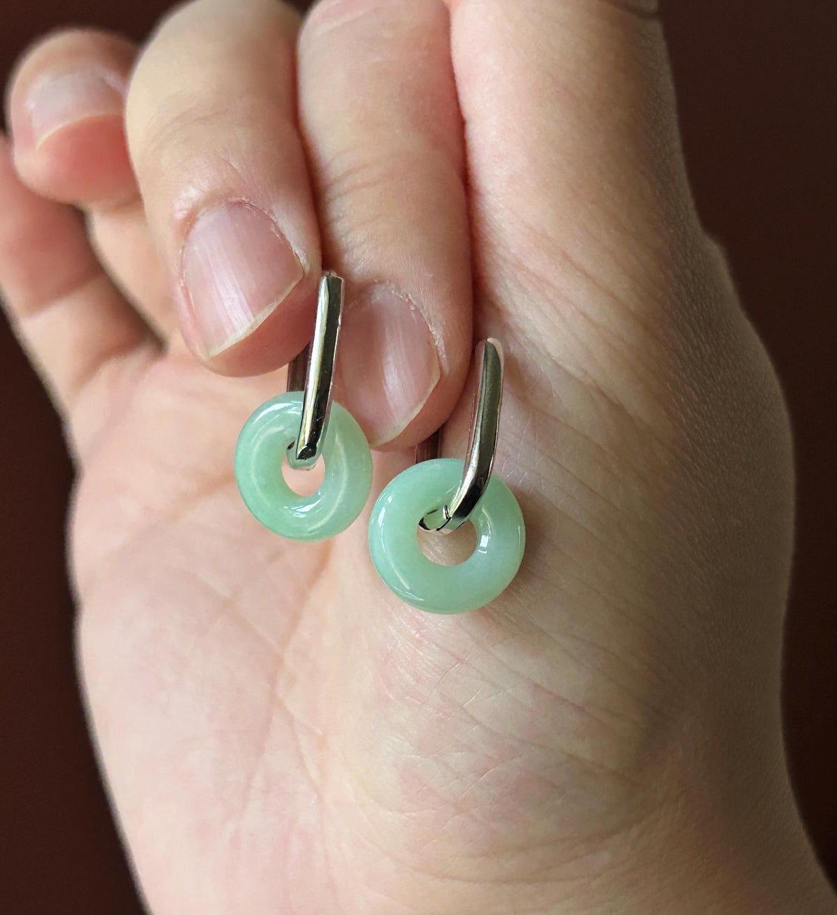 Certified Natural Jadeite Lucky Donut Minimalist Earrings: Burmese Type A Fine Glutinous Icy Apple Green Jade, Sterling Silver