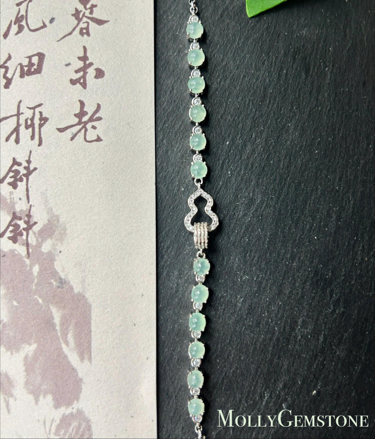 Natural Jadeite Cabochon Hulu Bracelet, Burmese Type A Translucent Icy Pale Mint Green Jade in 925 Sterling Silver, Adjustable Length
