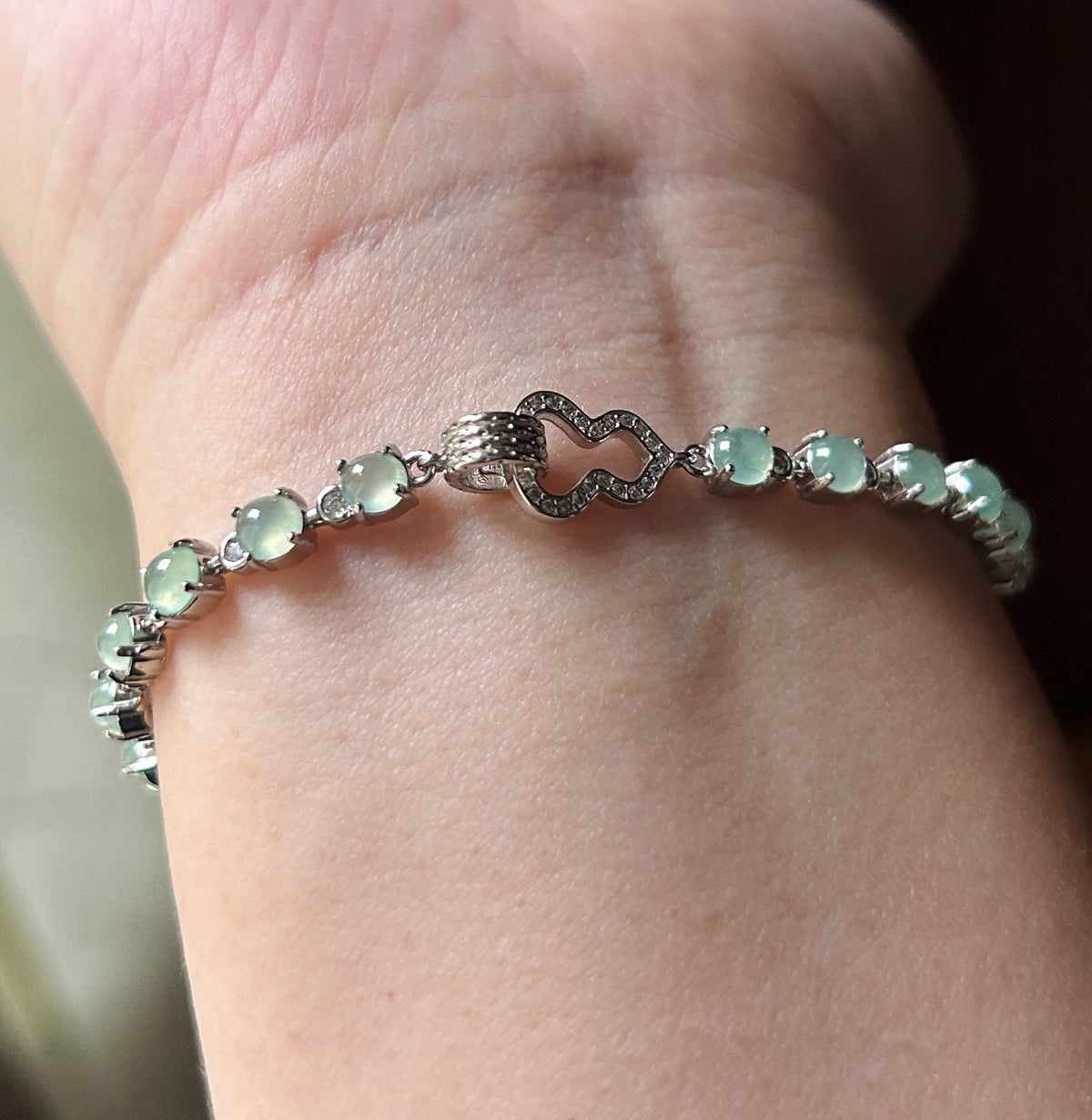 Natural Jadeite Cabochon Hulu Bracelet, Burmese Type A Translucent Icy Pale Mint Green Jade in 925 Sterling Silver, Adjustable Length