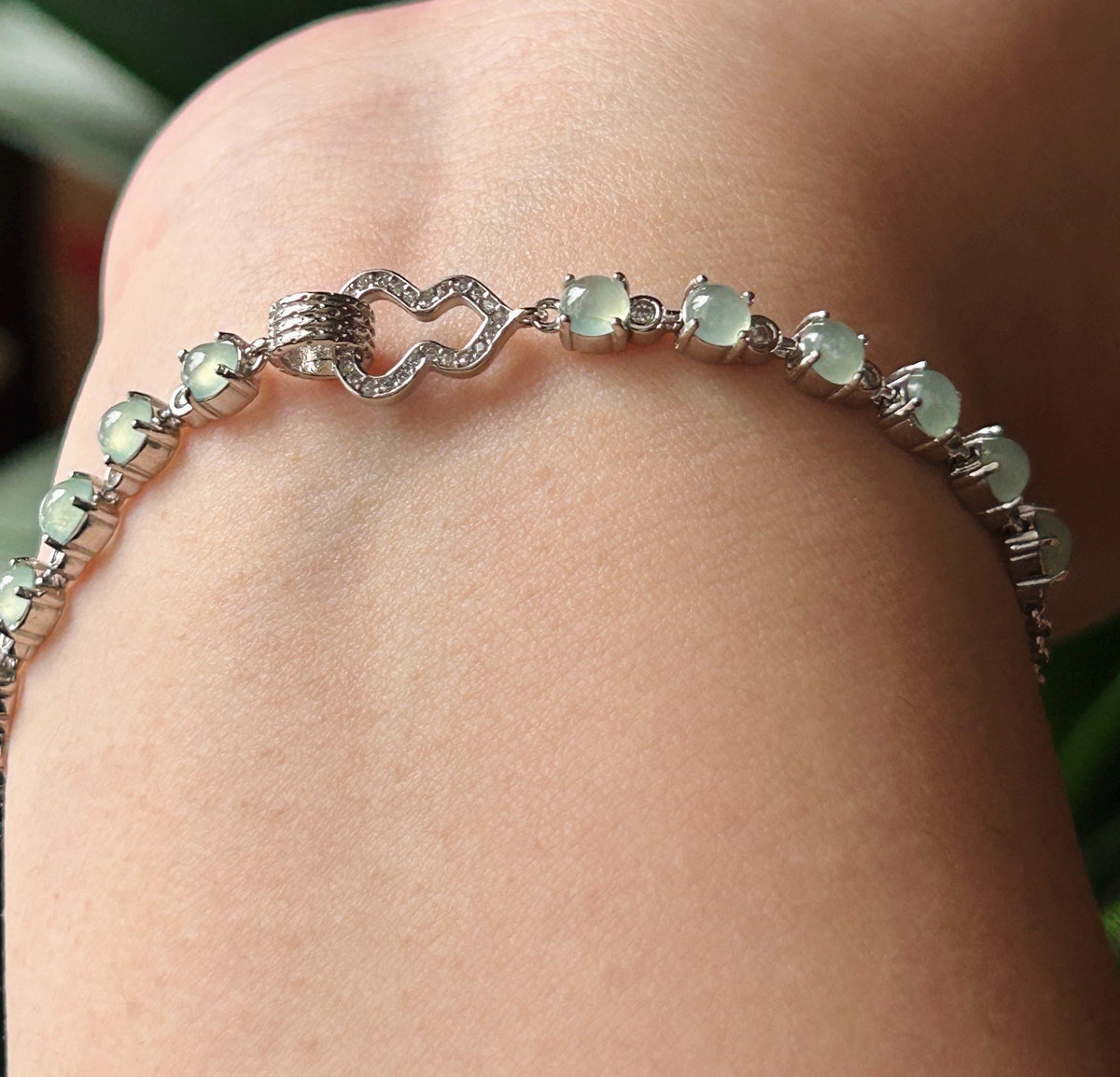 Natural Jadeite Cabochon Hulu Bracelet, Burmese Type A Translucent Icy Pale Mint Green Jade in 925 Sterling Silver, Adjustable Length
