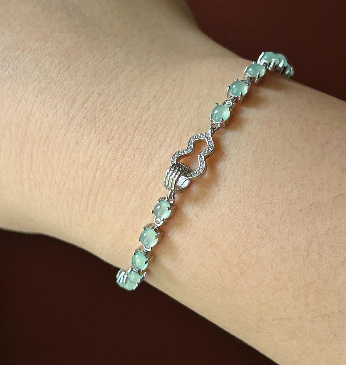 Natural Jadeite Cabochon Hulu Bracelet, Burmese Type A Translucent Icy Pale Mint Green Jade in 925 Sterling Silver, Adjustable Length