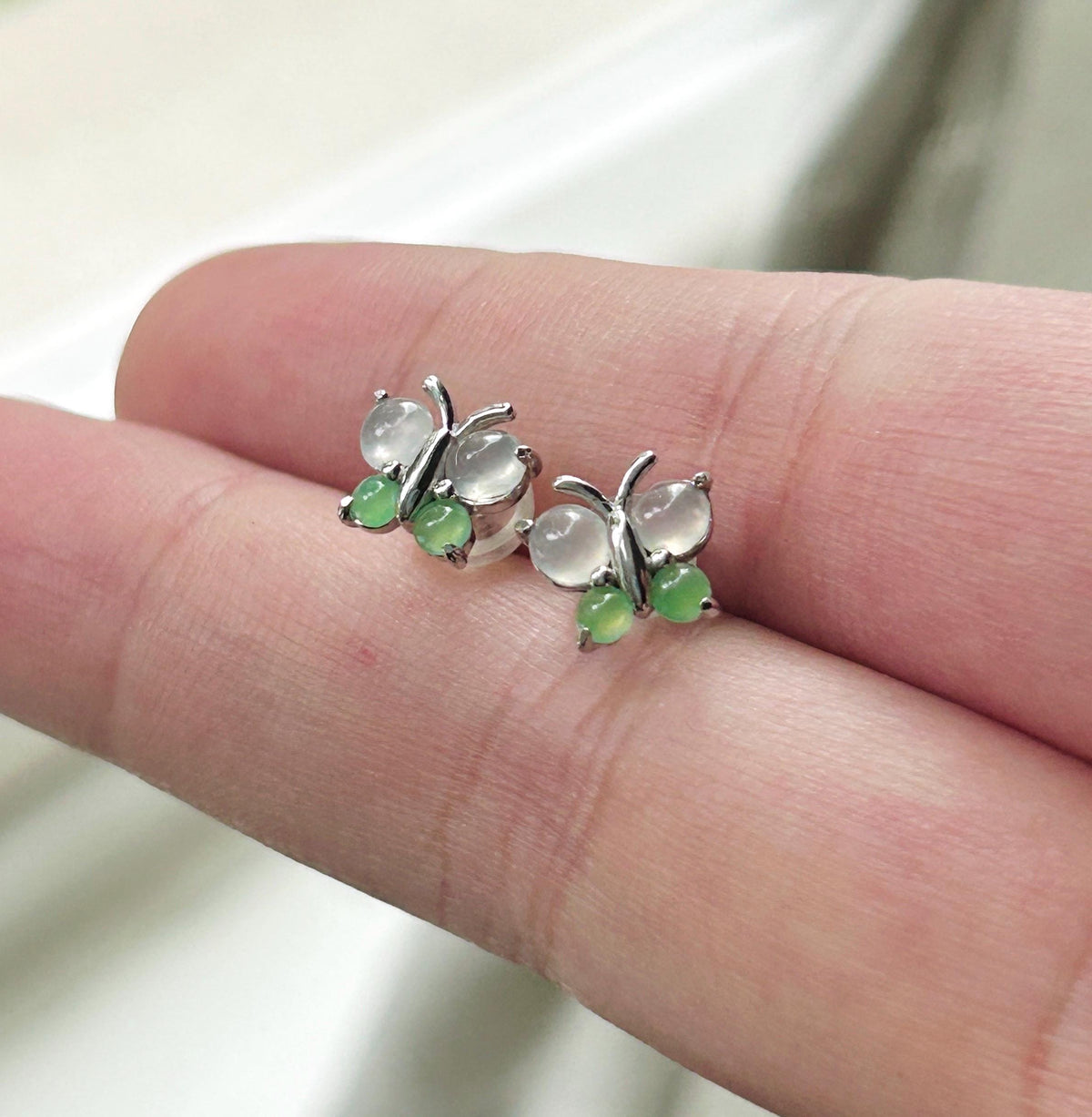 Natural Jadeite Cabochon Butterfly Stud Earrings| Burmese Type A Untreated Highly Translucent Icy White & Apple Green Jade, Sterling Silver