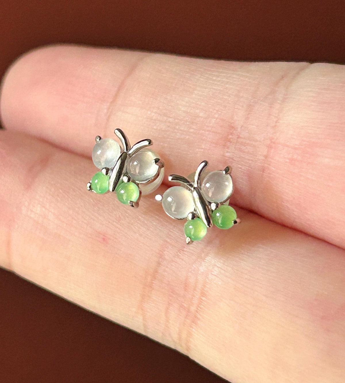 Natural Jadeite Cabochon Butterfly Stud Earrings| Burmese Type A Untreated Highly Translucent Icy White & Apple Green Jade, Sterling Silver