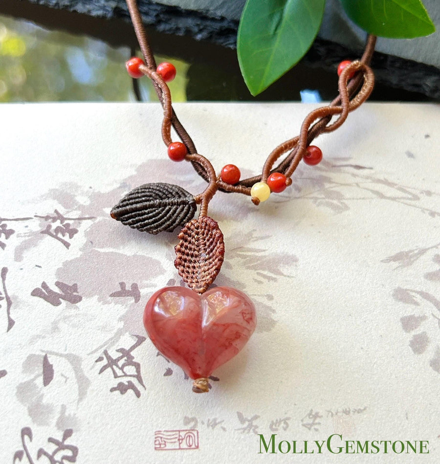 Natural Nanhong Agate Heart Pendant, Intricate Fine Handwoven Necklace, 0.4mm Wax Cord, South Red Agate