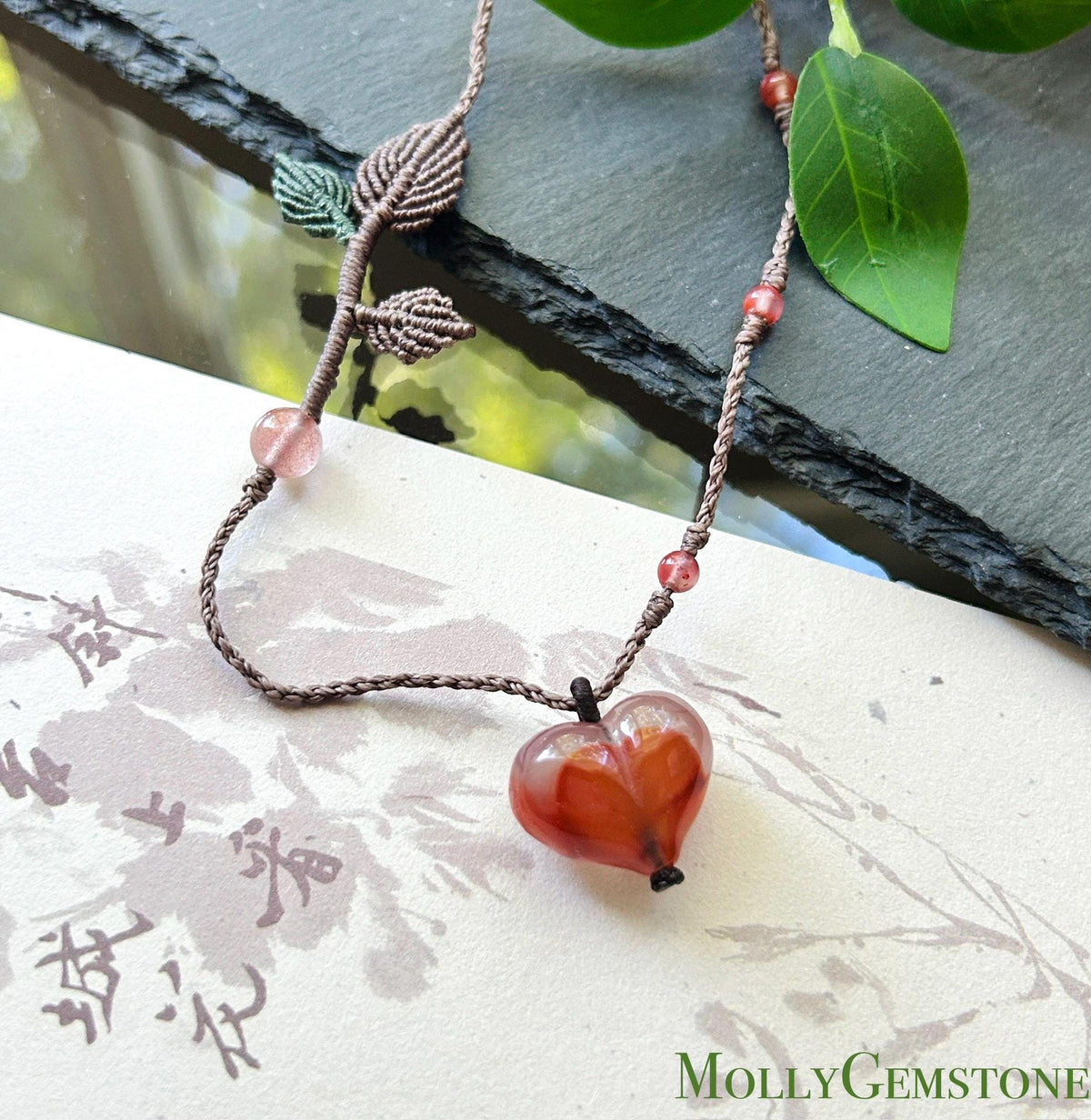Natural Nanhong Agate Heart Pendant, Intricate Fine Handwoven Necklace, 0.4mm Wax Cord, South Red Agate
