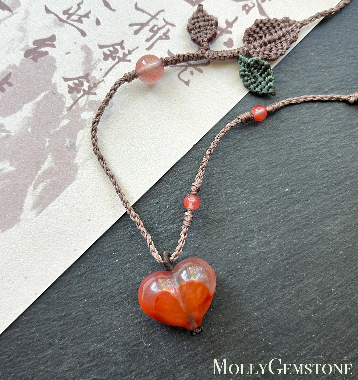 Natural Nanhong Agate Heart Pendant, Intricate Fine Handwoven Necklace, 0.4mm Wax Cord, South Red Agate