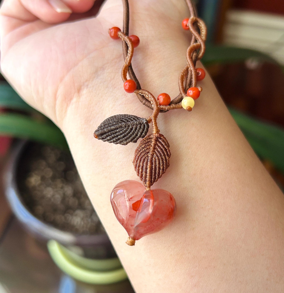 Natural Nanhong Agate Heart Pendant, Intricate Fine Handwoven Necklace, 0.4mm Wax Cord, South Red Agate