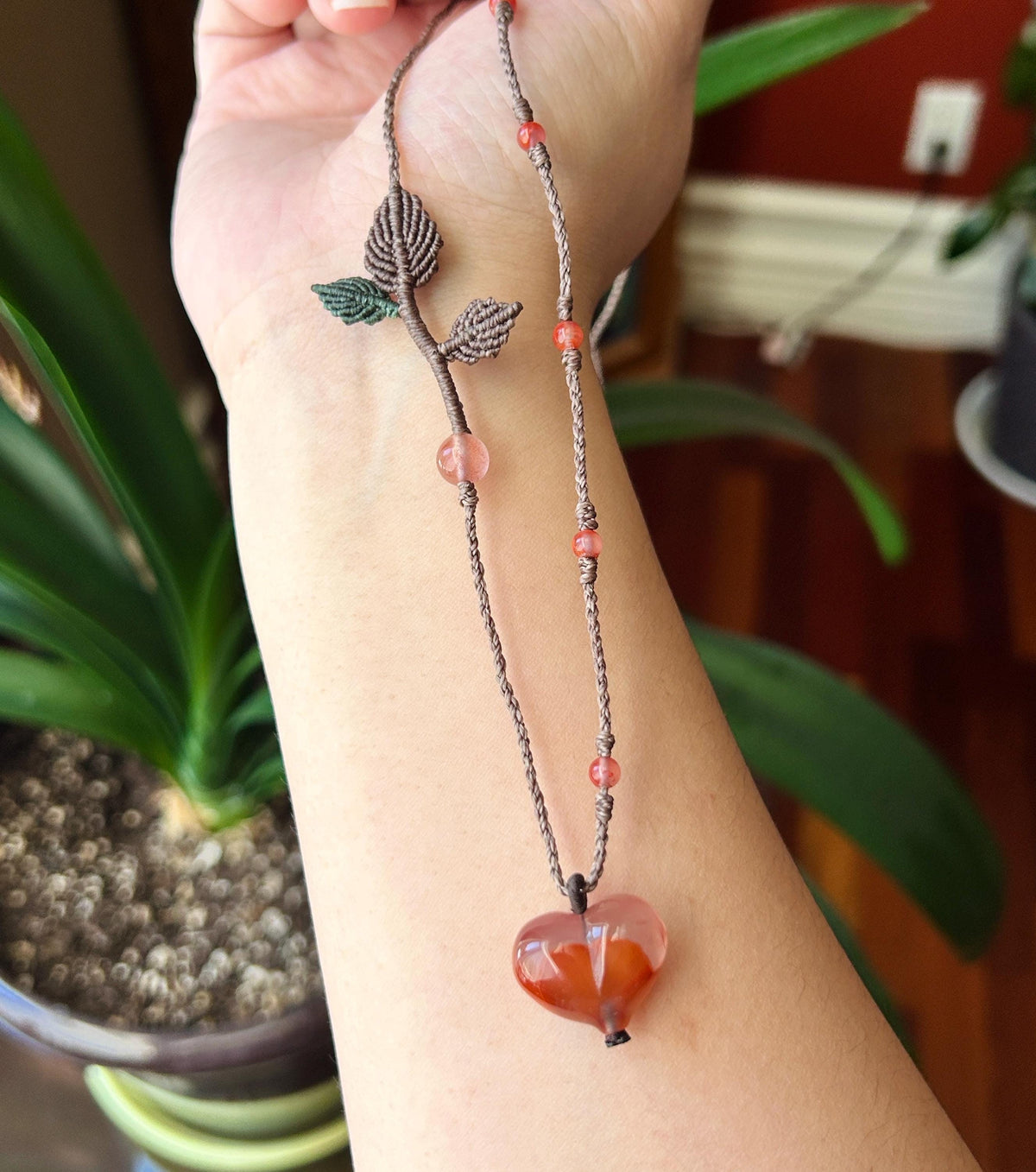 Natural Nanhong Agate Heart Pendant, Intricate Fine Handwoven Necklace, 0.4mm Wax Cord, South Red Agate