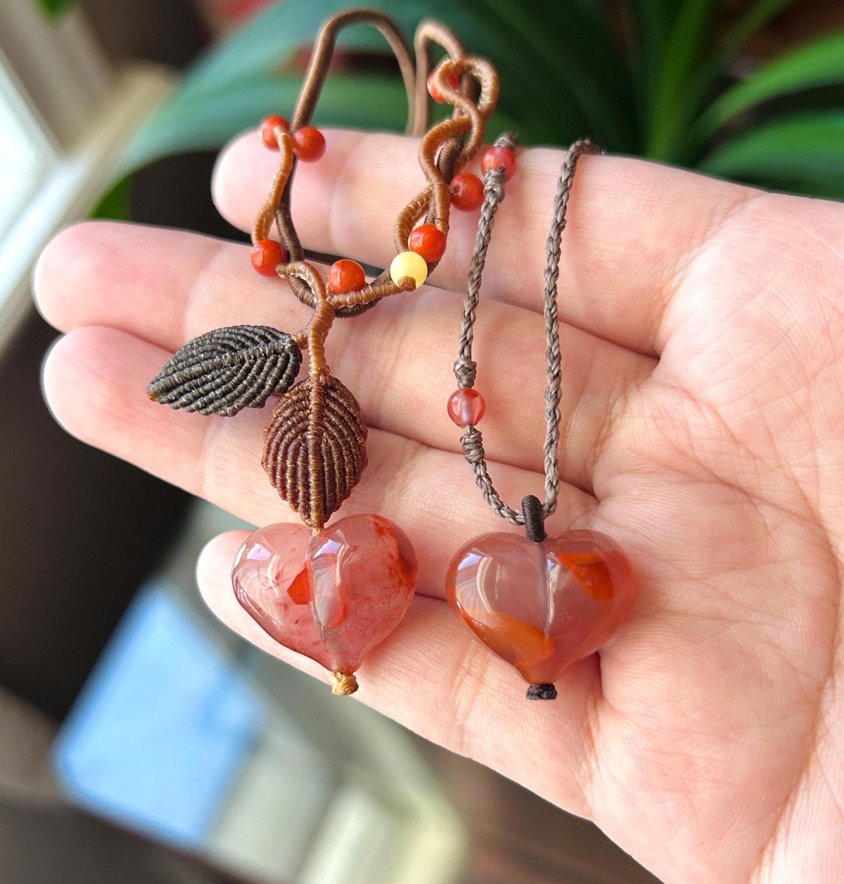 Natural Nanhong Agate Heart Pendant, Intricate Fine Handwoven Necklace, 0.4mm Wax Cord, South Red Agate