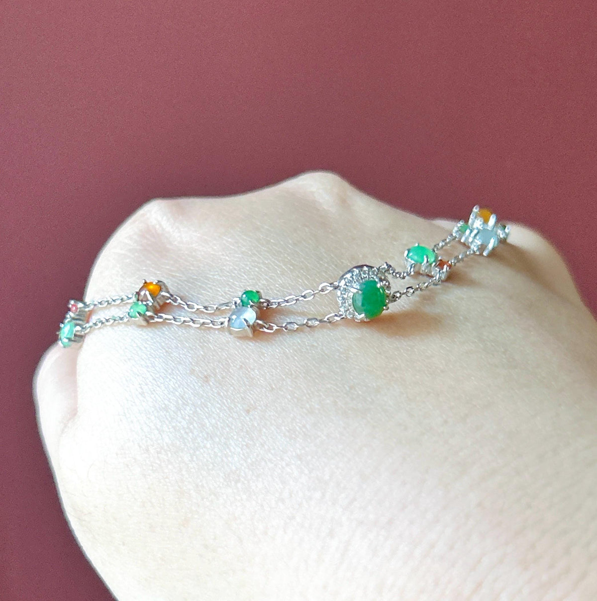 Natural Jadeite Cabochon Double Chain Bracelet, Burmese Type A Translucent Icy Multicolor Jade in 925 Sterling Silver, Adjustable Length