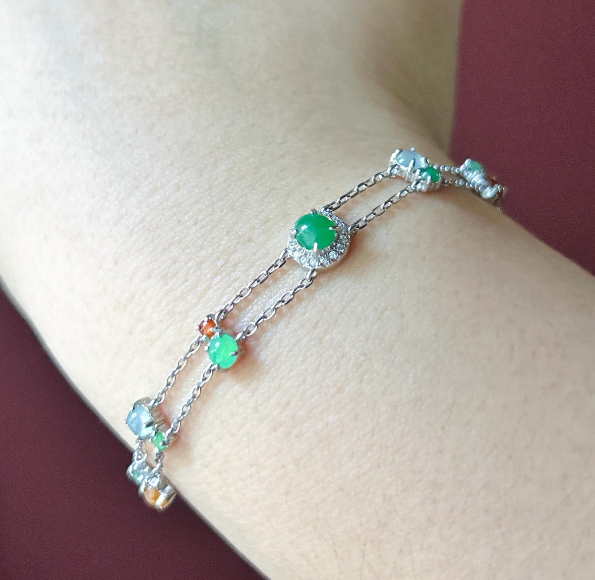 Natural Jadeite Cabochon Double Chain Bracelet, Burmese Type A Translucent Icy Multicolor Jade in 925 Sterling Silver, Adjustable Length