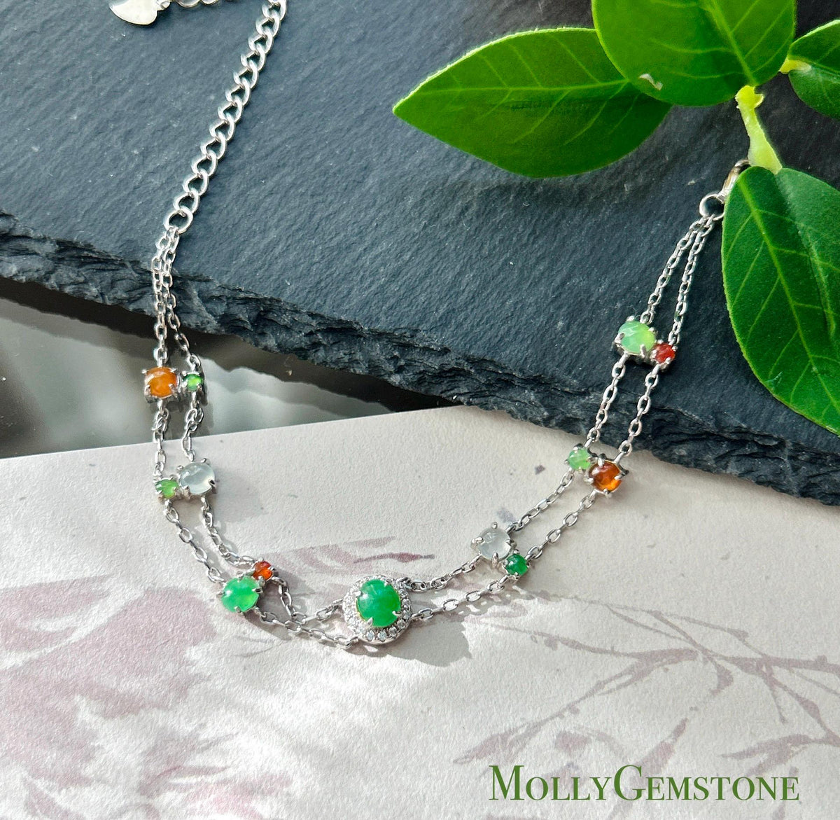 Natural Jadeite Cabochon Double Chain Bracelet, Burmese Type A Translucent Icy Multicolor Jade in 925 Sterling Silver, Adjustable Length