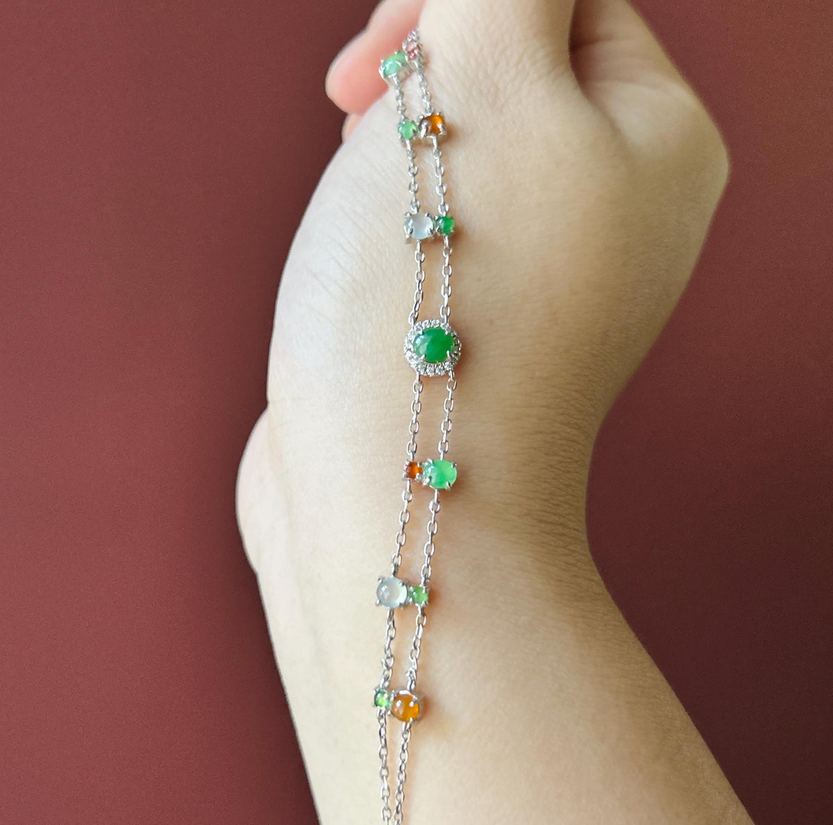 Natural Jadeite Cabochon Double Chain Bracelet, Burmese Type A Translucent Icy Multicolor Jade in 925 Sterling Silver, Adjustable Length